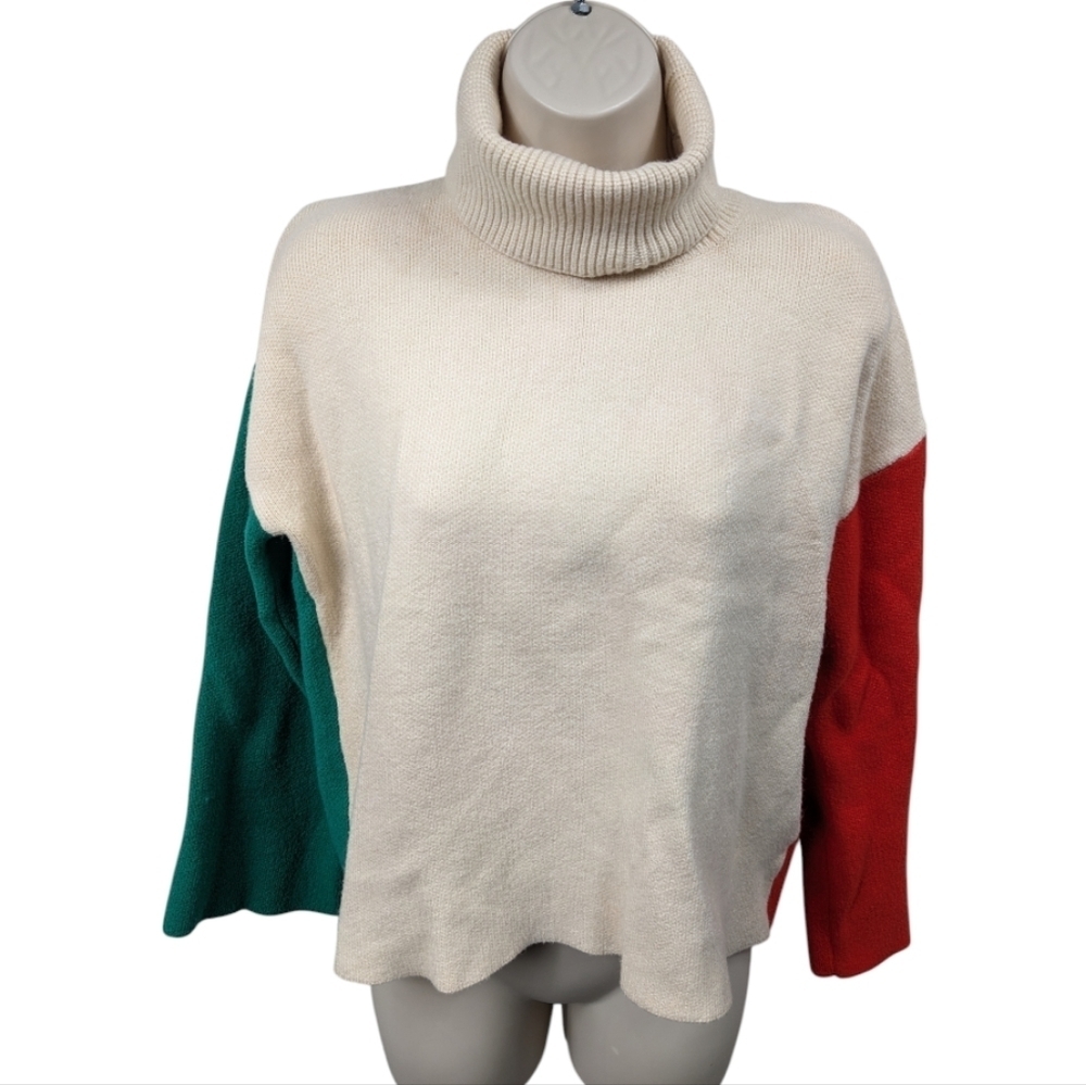 Miracle Tri-Tone Turtleneck Slit Back Sweater Sz M/L